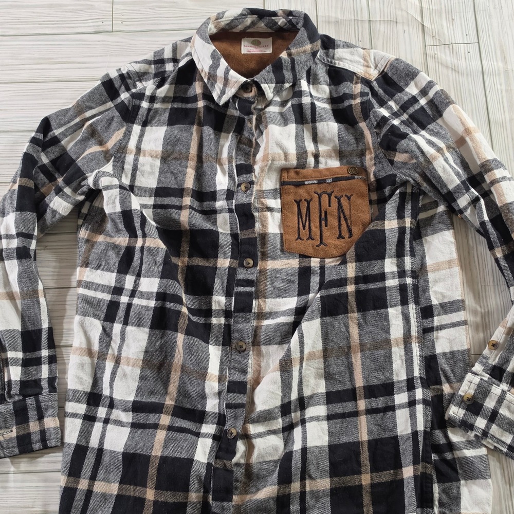 Marleylilly Womens Plaid Flannel Shirt Black Tan Monogram MFN Suede Pocket S - Picture 1 of 6